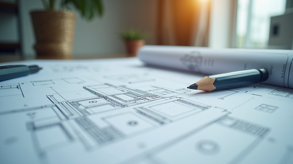 Close-up view of architectural blueprints and design sketches
