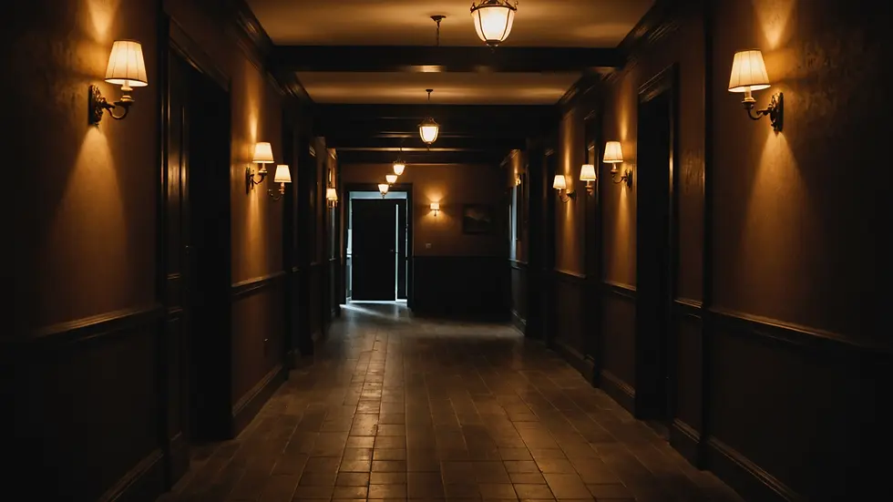 A darkened hallway with flickering shadows
