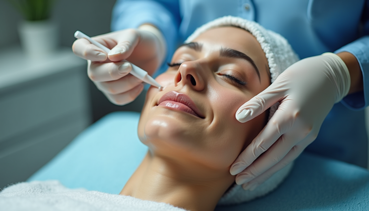 Close-up view of a dermatologist applying a chemical peel solution on a patient's face
