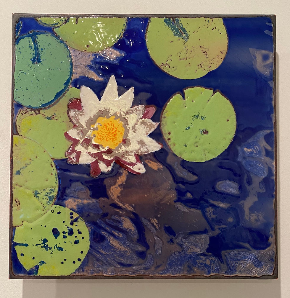 Thumbnail: White water lily with green lily pads in blue water background.