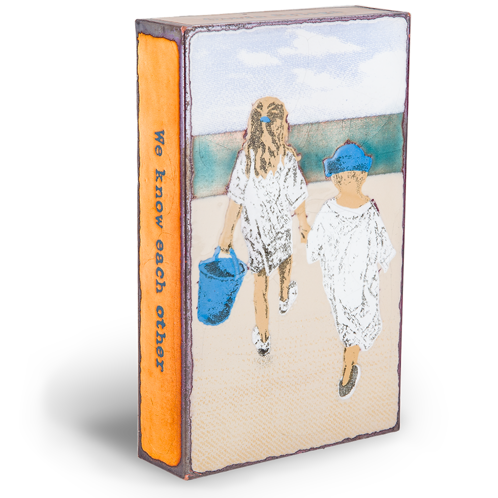 Thumbnail: Children holding hands walking, We know each other, along a beach with blue bucket