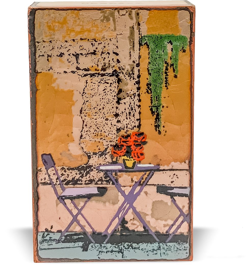 Thumbnail: Abstract art of a table and chairs with orange flowers and text.