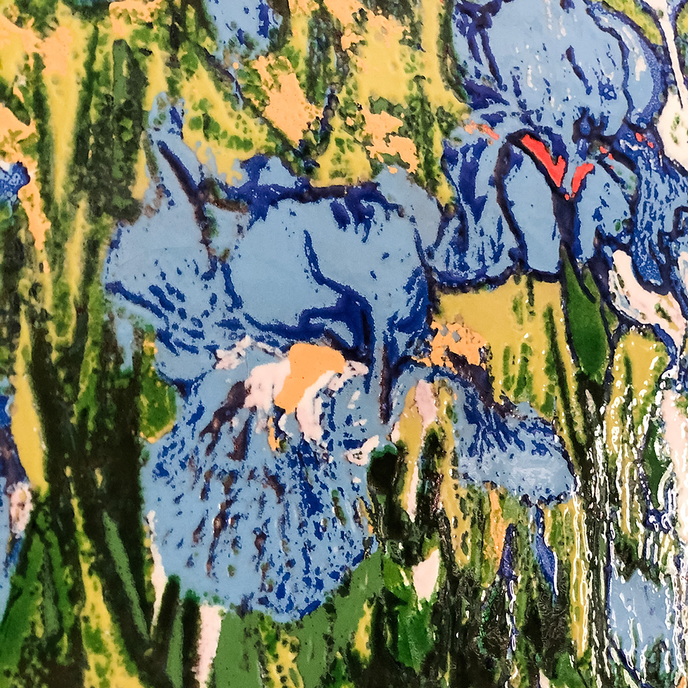 Thumbnail: Close-up of blue irises with green and yellow brush strokes background.