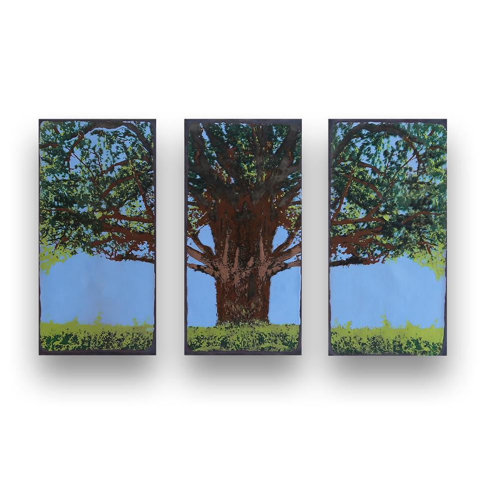 Thumbnail: Three panel painting of a large tree with green leaves and blue sky.