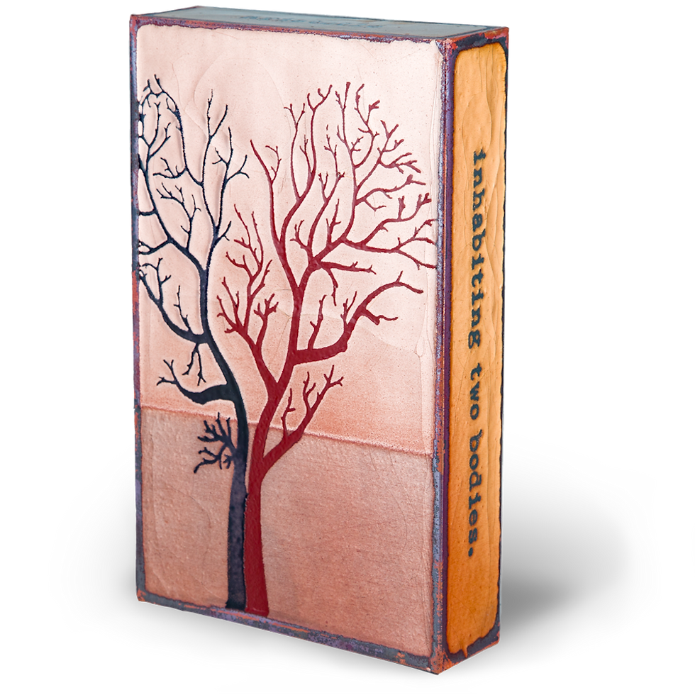 Thumbnail: Book cover with title: Inhabiting two bodies; tree art and design.