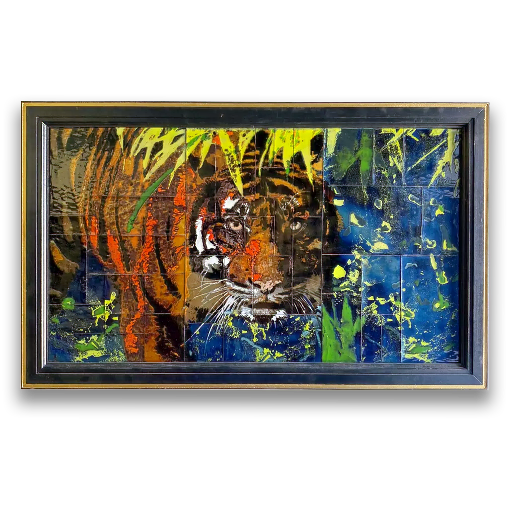 Painting of a tiger in the jungle, framed in a black and gold border.