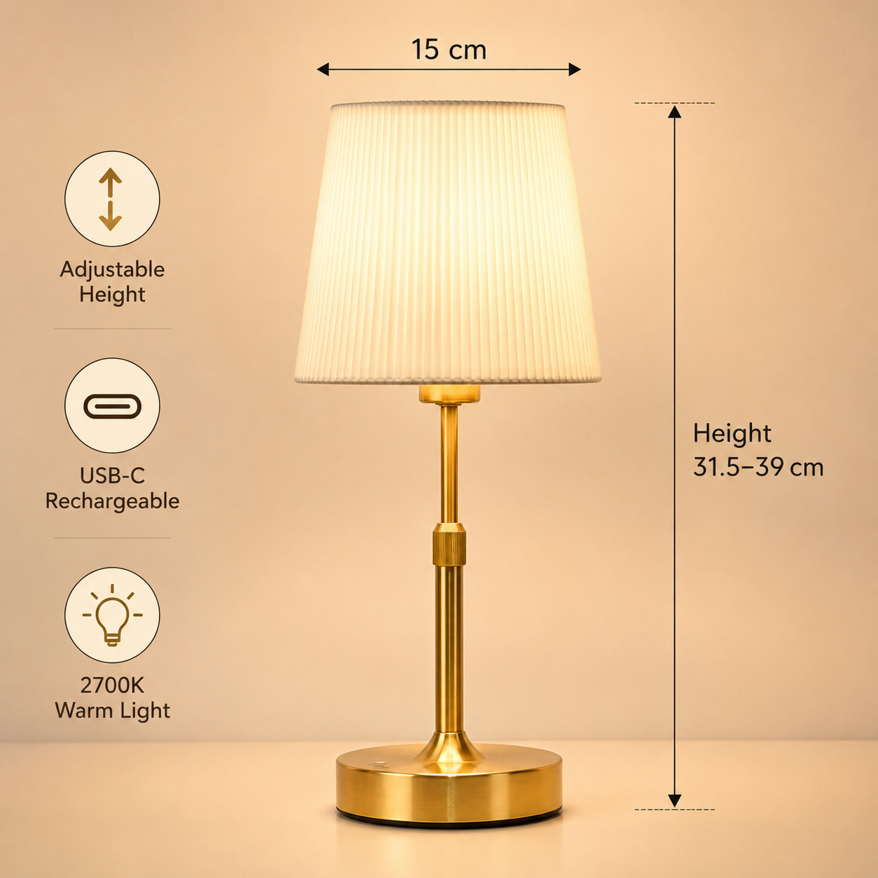Fabric metal rechargeable touch table lamp, 2700K color temp, ideal for dining r