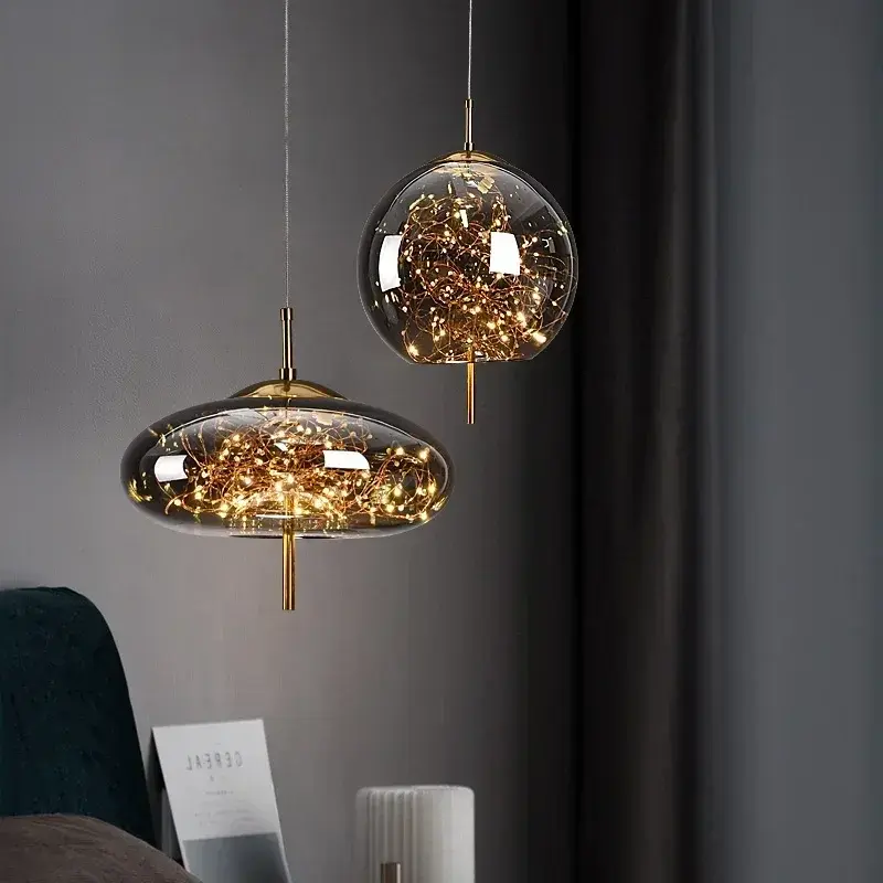 LED Nordic Net Red Bedside Chandelier Girl Light Glass Small Luxury Long Line P