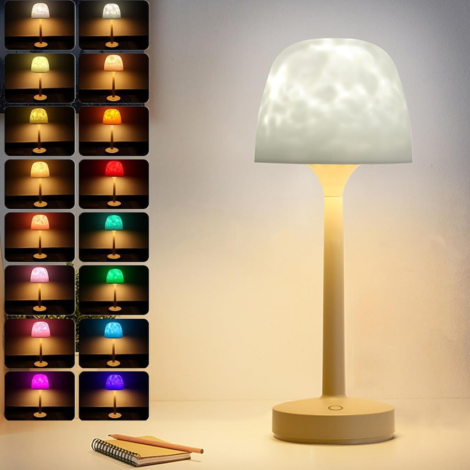 Cordless Shower Lamp,Bedside Lamp,Touch Ocean Wave Projector Light,3 Way Color T