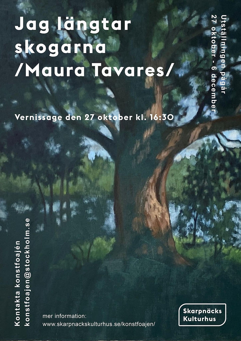 Oil painting of a forest, on which information regarding an exhibition is written.