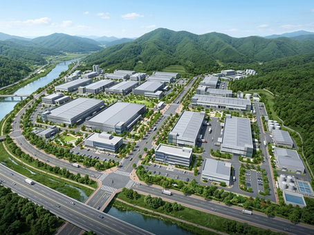 산업단지 전체의 공장 및 지원시설과 내부 도로, 차량 동선을 표현한 3D 조감도