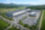 농산물 유통센터 건축물과 주차장 및 진입도로를 표현한 3D 조감도