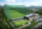 산과 도심 주변에 조성된 골프연습장 전체 시설과 타석, 안전망, 주차장을 표현한 3D 조감도