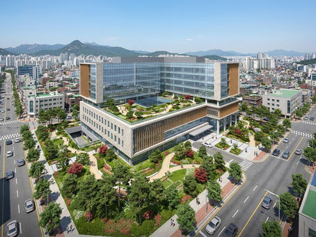 신축 병원 외관과 주변 도로 환경을 함께 표현한 병원조감도 제작 이미지