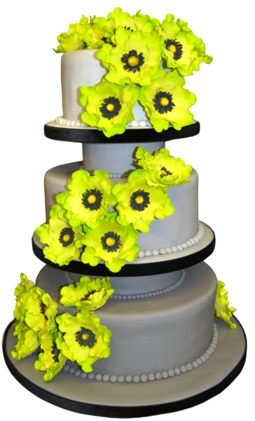 Four-tier wedding cake with grey sugar paste and lime floral accents.