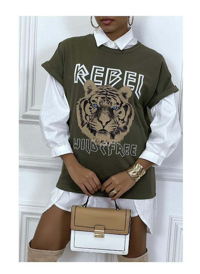 Tee shirt ample rebel tête de lion kaki