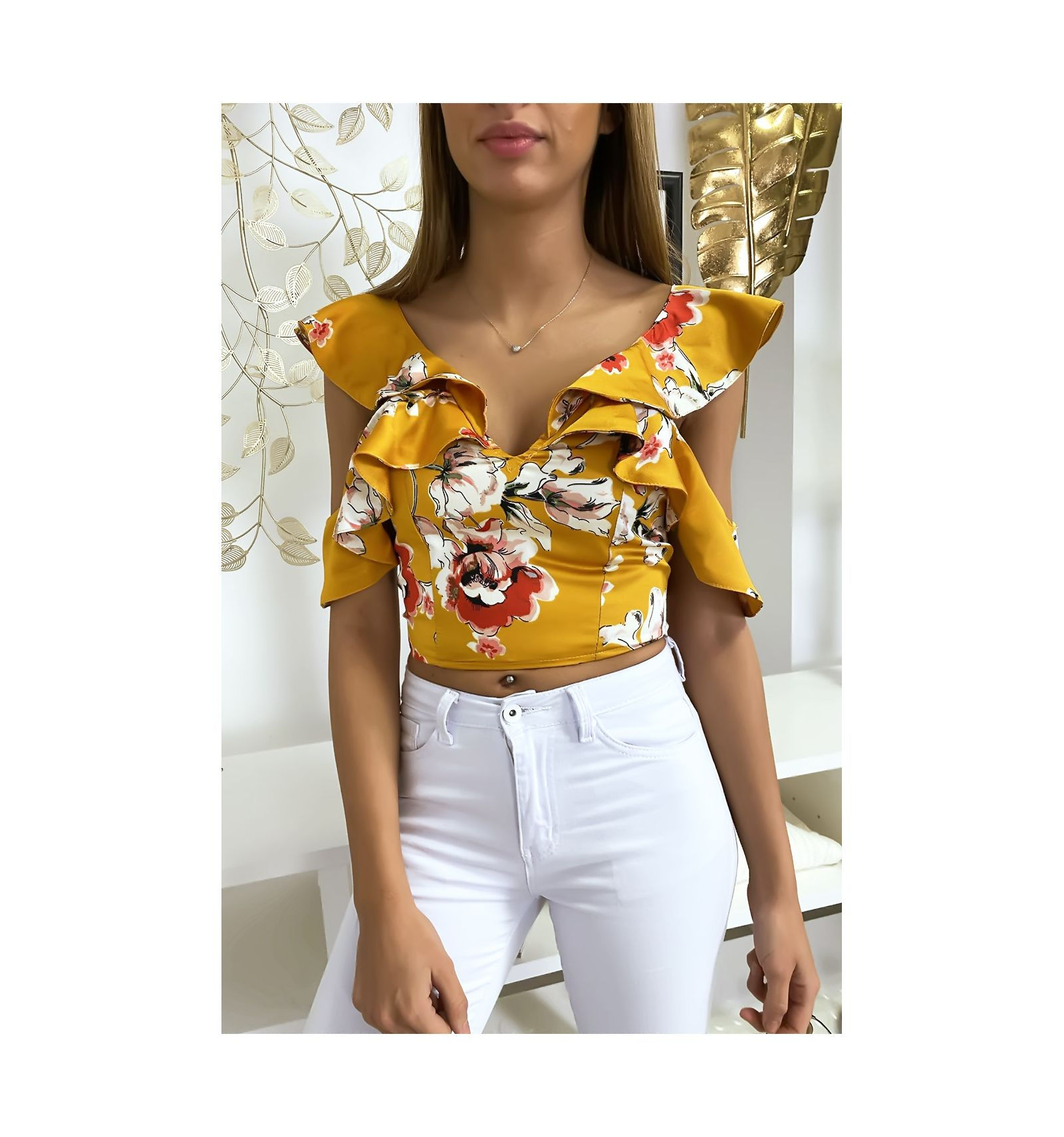 Crop Top Moutarde à Fleurs