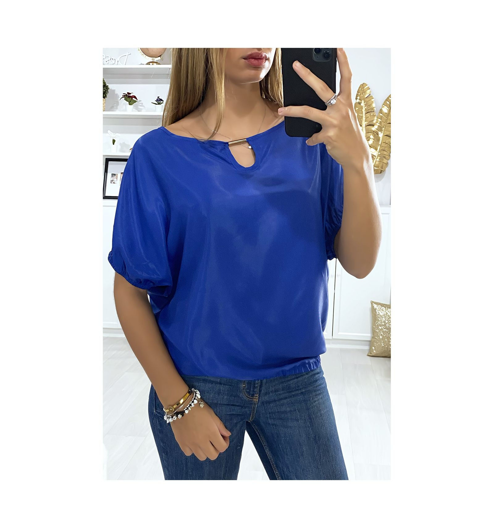 Blouse bleu royal coupe chauve souris avec élastique