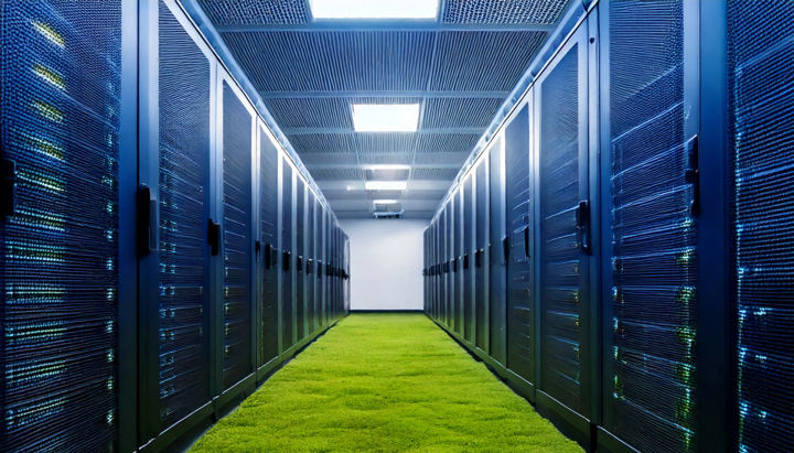 Two rows of racks in a data centre facing one another with grass as flooring between them