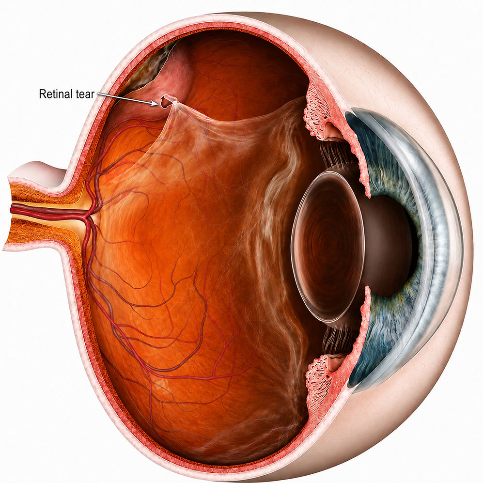 Cross section of the eye showing a retinal tear caused by vitreous traction.jpg
