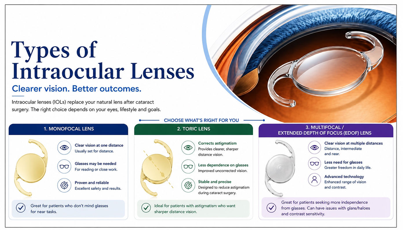 Types of intraocular lenses for cataract surgery in Sydney, including toric,EDOF and multi