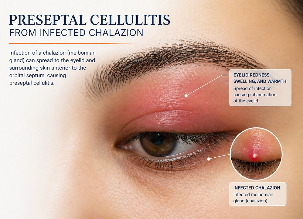 Preseptal cellulitis from infected chalazion (blocked Meibomian gland from blepharitis) prior to chalazion surgery in Sydney