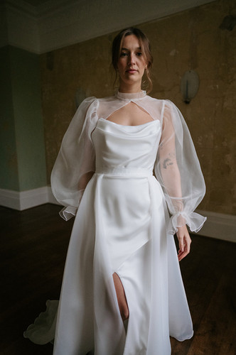 open lace back dress Sabrina Two-Piece Satin Slip Wedding Dress with Long Sleeves Organza Overlay  | Bone and Grey Bridal