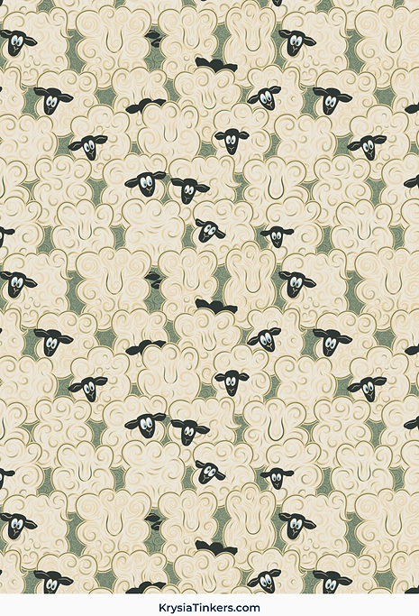 Small-scale repeating pattern of stylised sheep with curly wool, curious faces and meadow details in warm cream tones, creating a cosy and playful countryside design.