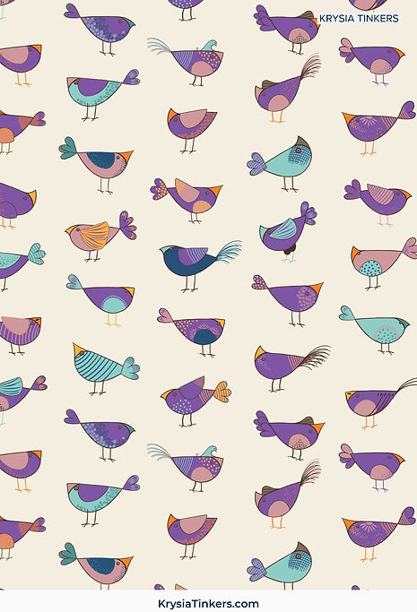Purple stylised birds arranged in a diamond lattice repeat, featuring playful graphic details in a lively Modern Folk illustration style.