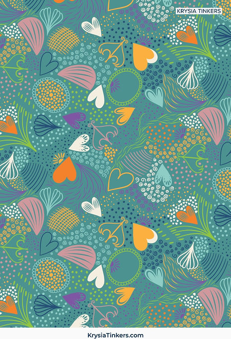 Teal hand-drawn ditsy pattern with tiny feathers, hearts, swirls, dots and abstract marks scattered across a medium-scale repeat, creating a playful graphic surface.