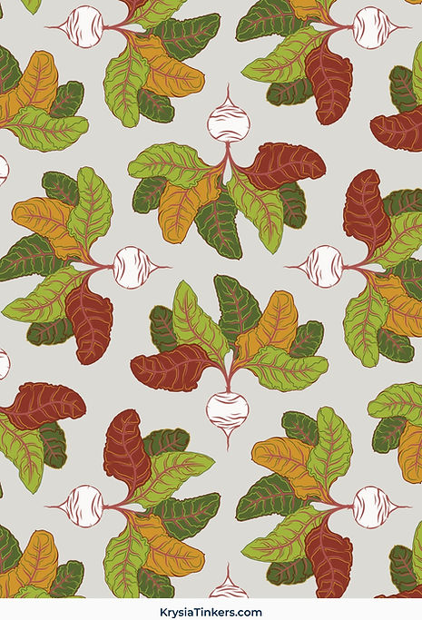 Stylised beetroot and foliage in a non-directional scallop repeat, coloured in deep burgundy, mossy green and gentle sage for a Modern Folk Botanical pattern with an earthy Farmhouse Chic feel.