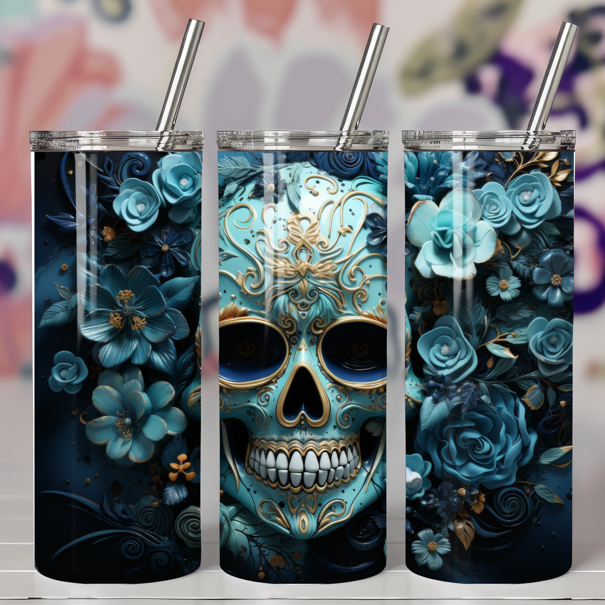 Blue Skull With Flowers Tumbler