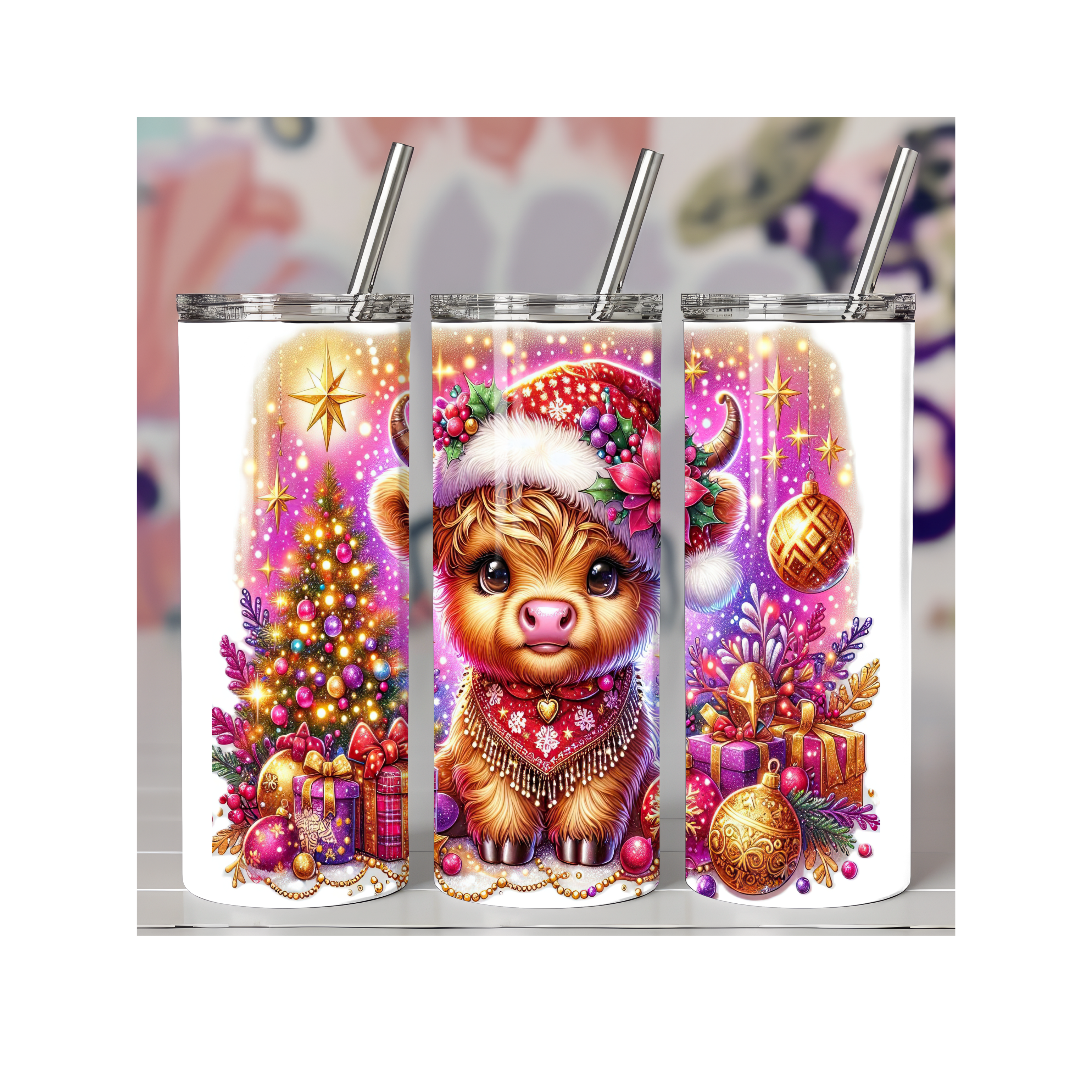 Colorful Christmas Cow With Tree Tumbler