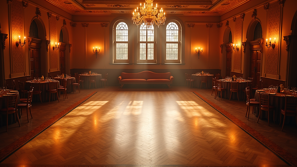 High angle view of a decorated event hall with a ceilidh dance floor ready for guests