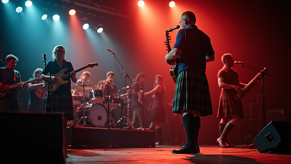 Eye-level view of a lively ceilidh band playing traditional instruments on stage