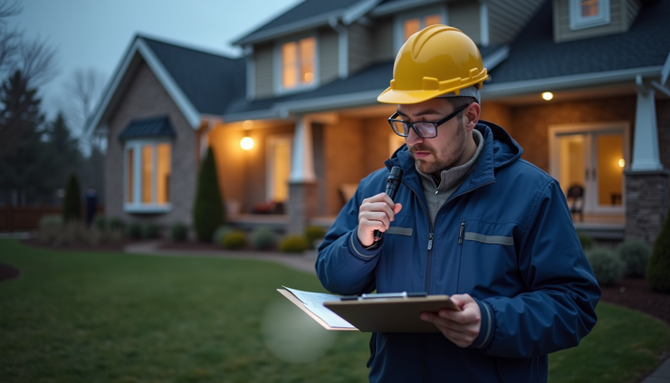 Eye-level view of a home inspector examining the exterior of a residential house