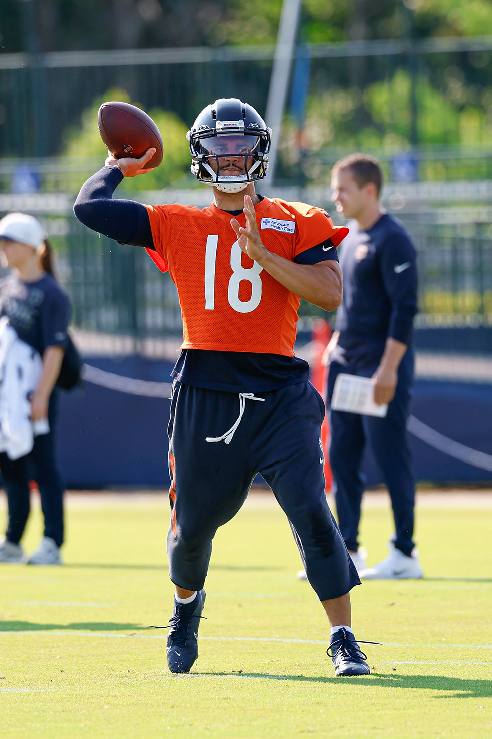 Jul 29, 2026; Lake Forest, IL, USA; Chicago Bears quarterback Caleb Williams (18) looks to pass the ball during Training Camp at Halas Hall. Mandatory Credit: Kamil Krzaczynski-Imagn Images