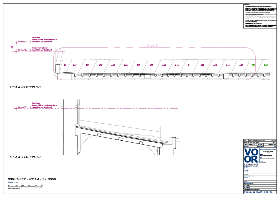 Area A roof sections at St Mary’s Church, Whaplode, showing detailed roof pitch, edge conditions and survey geometry.