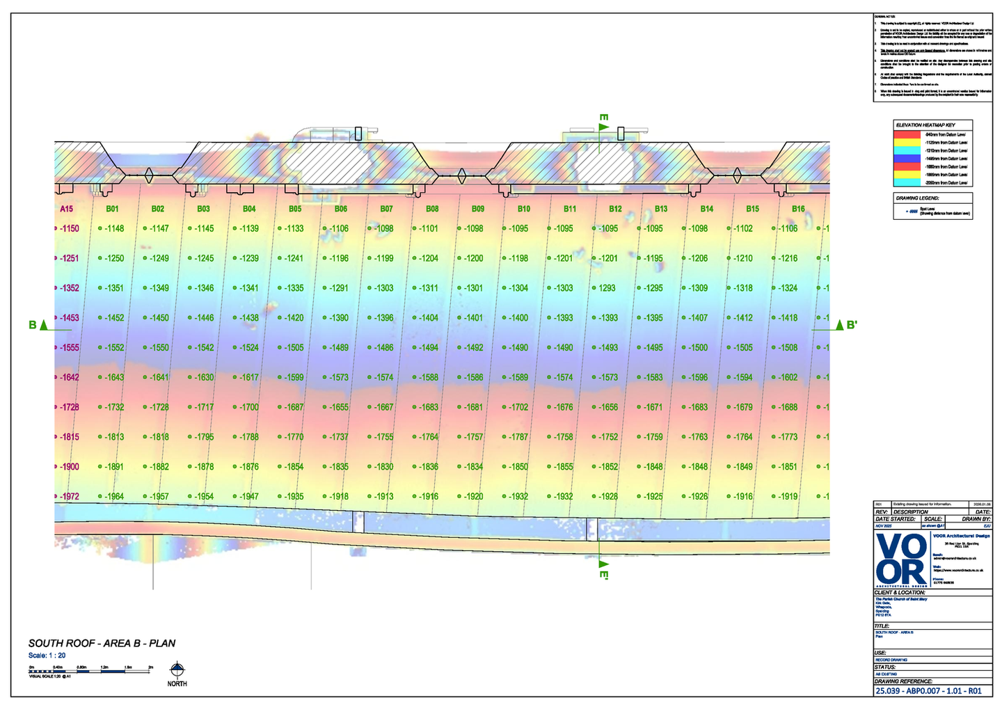 Area B south roof plan at St Mary’s Church, Whaplode, showing heatmap survey analysis and measured roof levels.