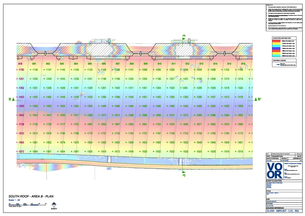 Area B south roof plan at St Mary’s Church, Whaplode, showing heatmap survey analysis and measured roof levels.