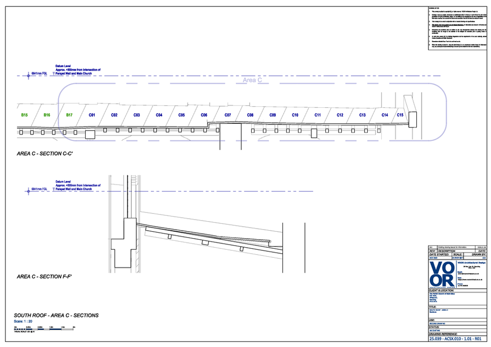 Area C roof sections at St Mary’s Church, Whaplode, showing section C-C', section F-F' and the south aisle roof junction near the tower.