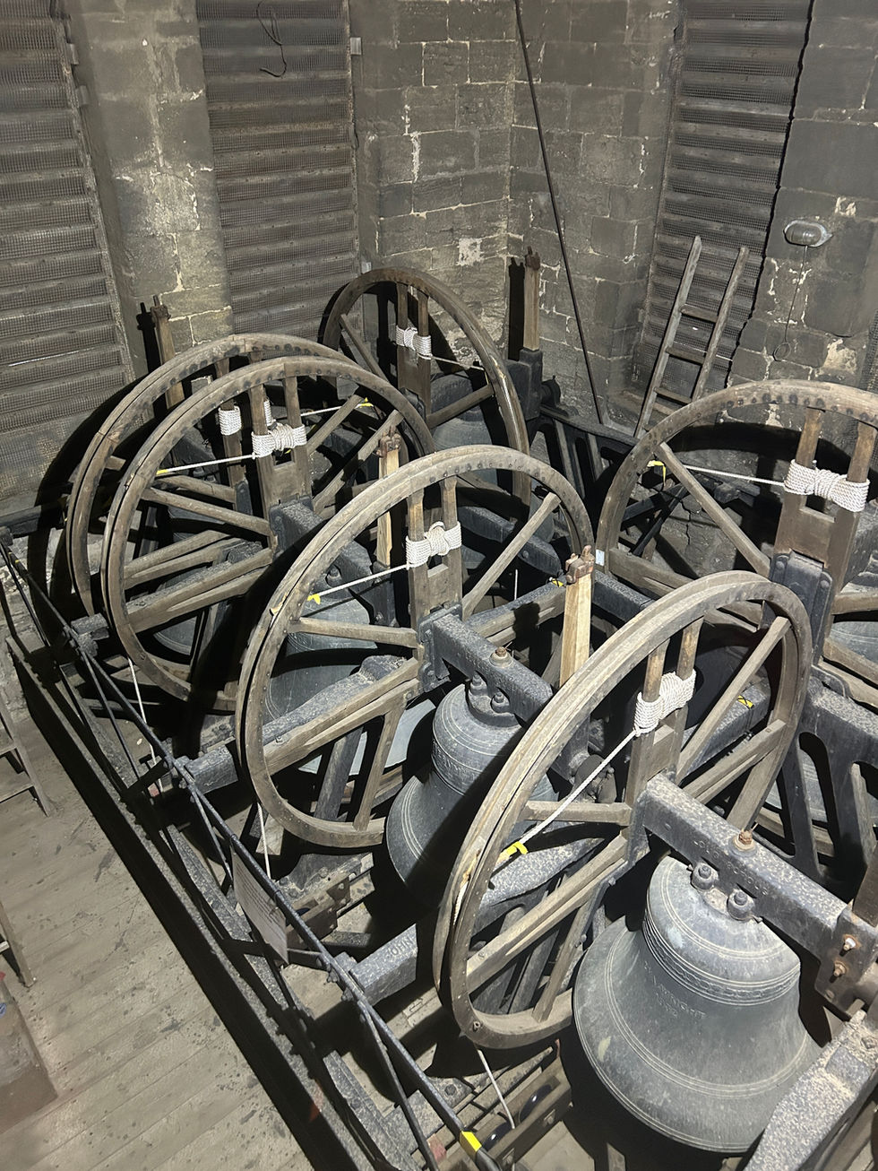 Historic bell frame and bells inside the tower of St Mary’s Church, Whaplode