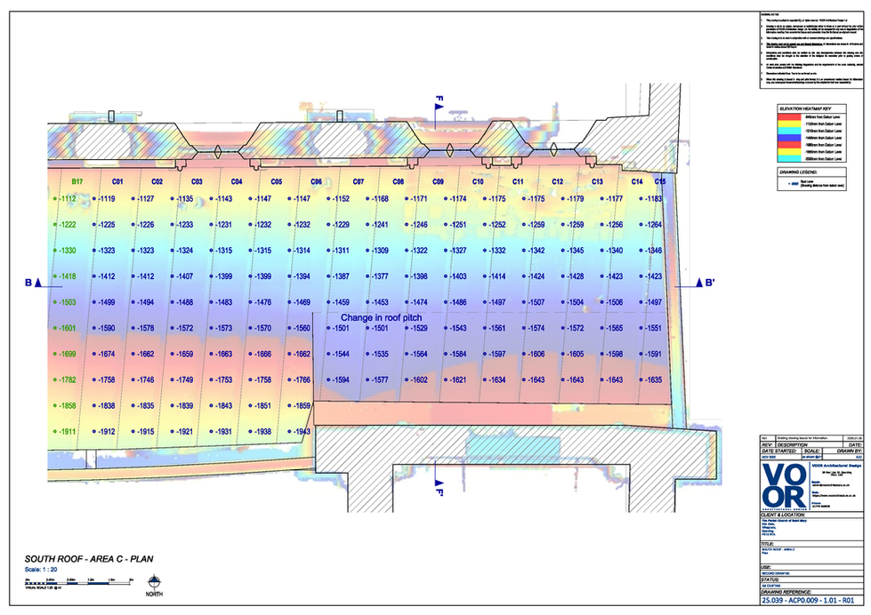 Area C south roof plan at St Mary’s Church, Whaplode, showing heatmap levels and roof pitch change near the tower junction.