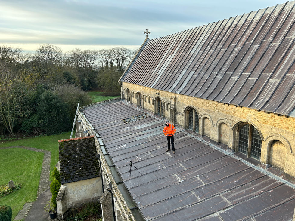 Roof level survey work at St Mary’s Church, Whaplode, on the aisle roof during inspection and scanning works