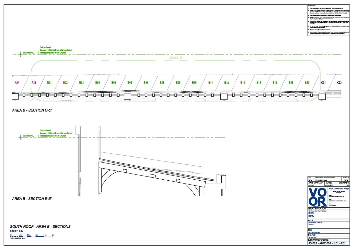 Area B roof sections at St Mary’s Church, Whaplode, showing cross sections, roof fall and wall junction conditions.
