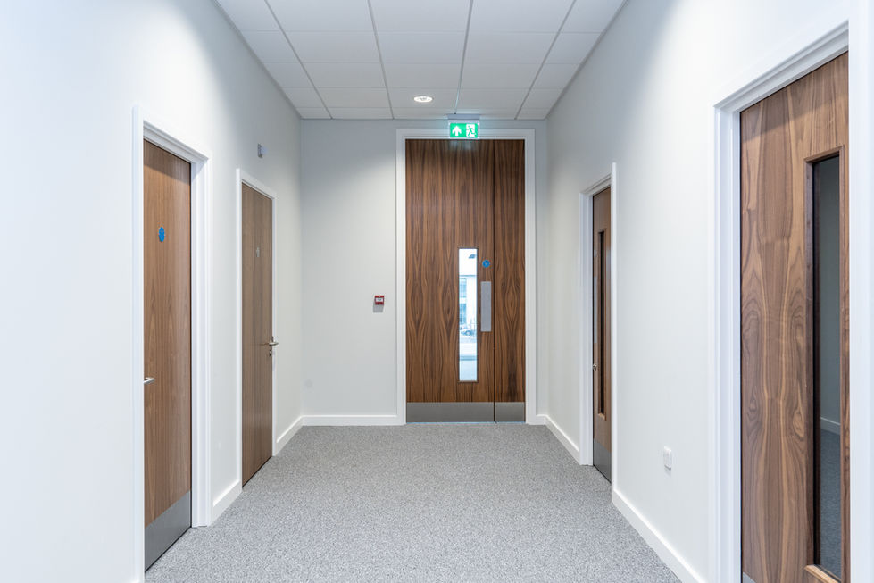 Stair and lift lobby with timber stair, glass balustrade and modern office finishes