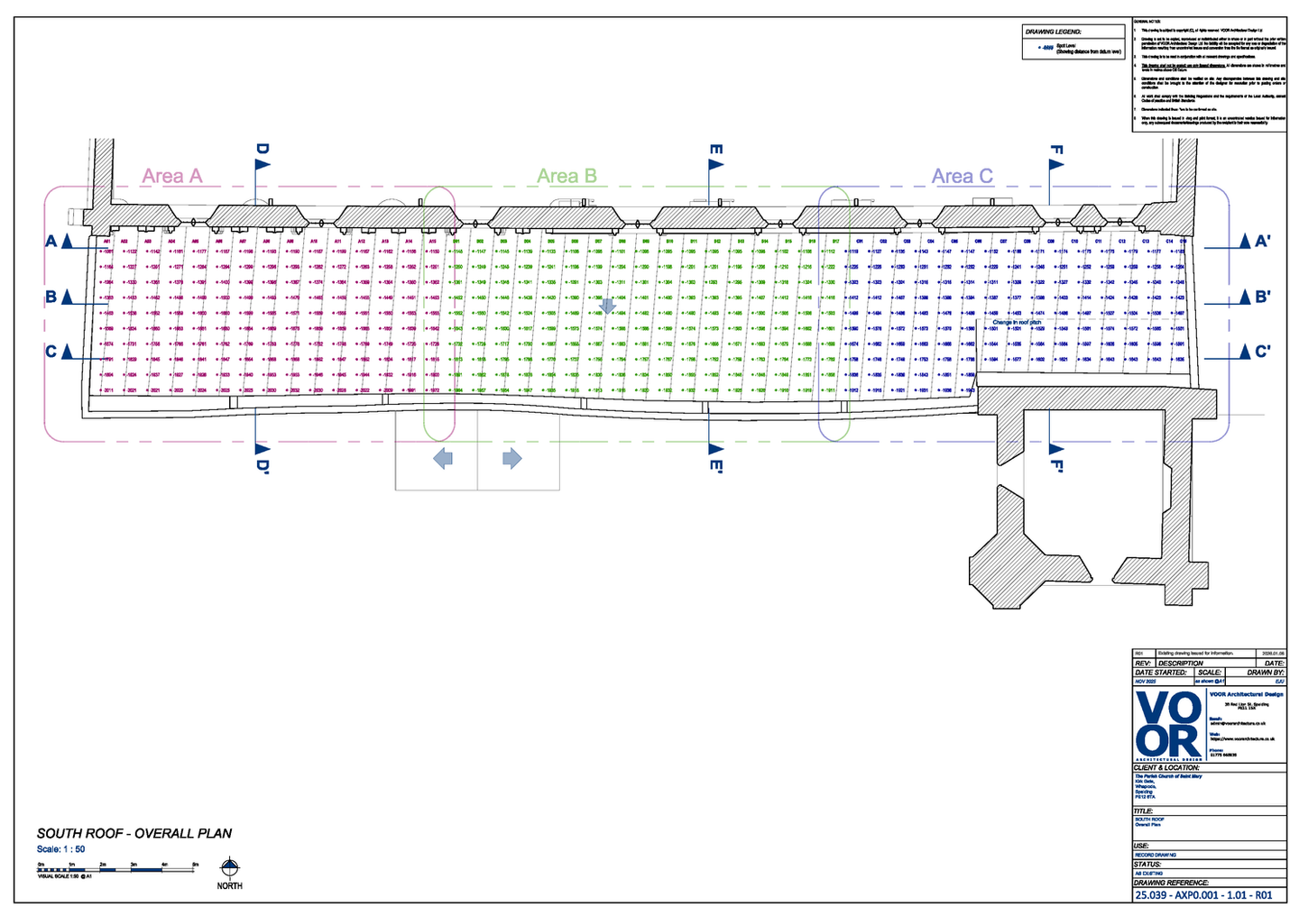 south roof overall plan at St Mary’s Church, Whaplode, showing survey zones, rooflights and measured roof level points.