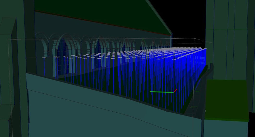 3D model view of St Mary’s Church Whaplode south aisle roof showing survey datum points and vertical measurement lines across the roof slope.