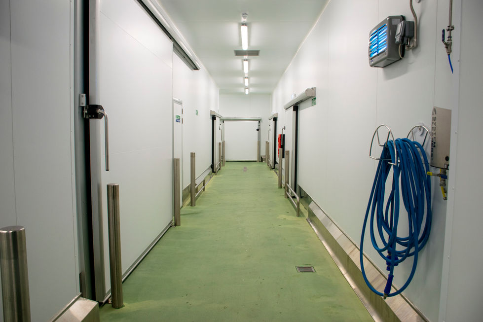 Internal hygiene corridor at Associated Seafood facility with insulated sliding doors and washdown equipment