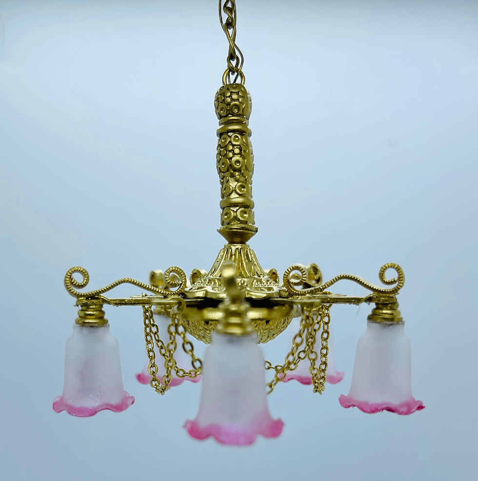 Thumbnail: Dollhouse miniature 5 light crystal brass chandelier 